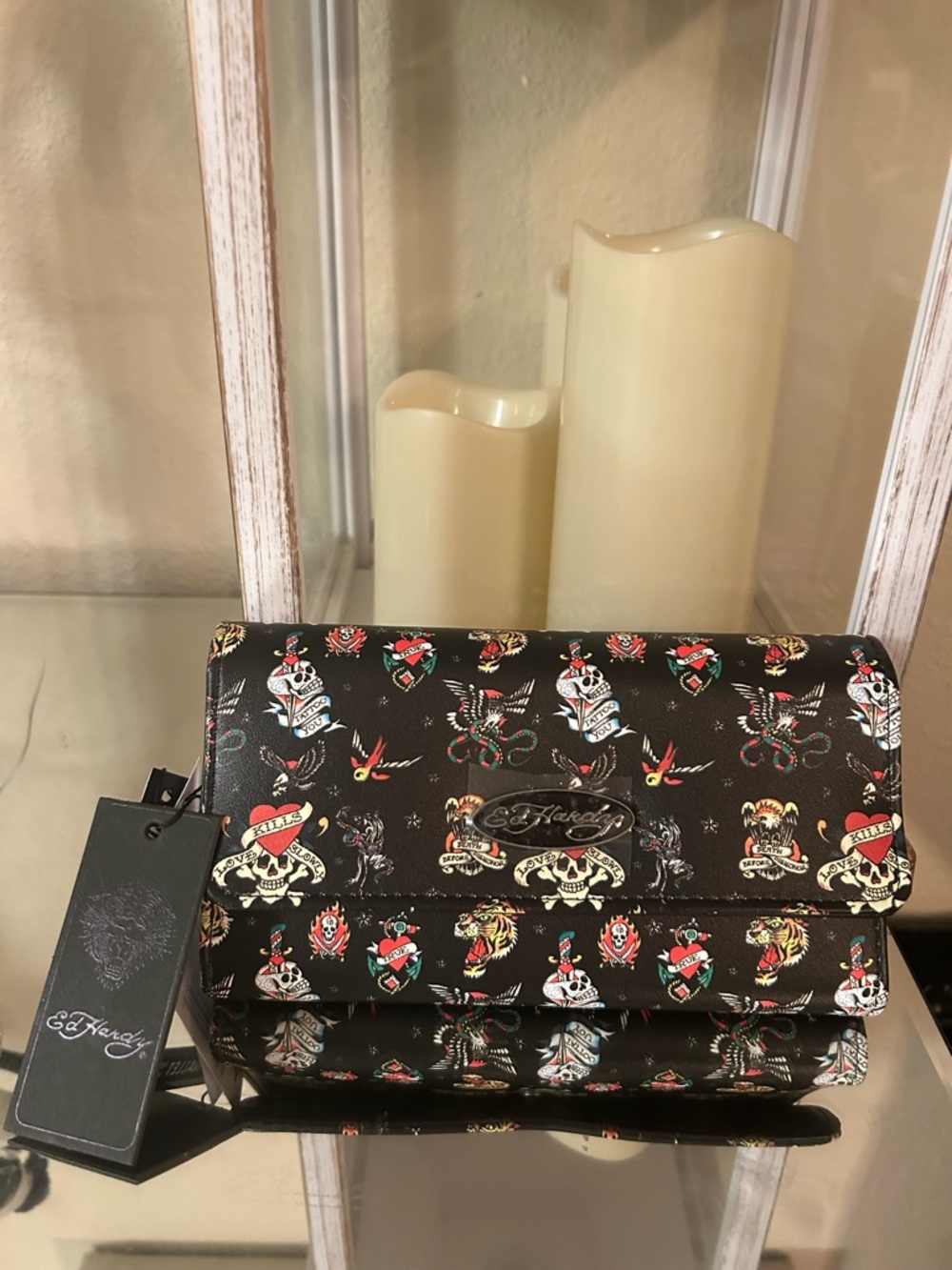 Ed Hardy Black Tattoo-Print Foldover Wallet
